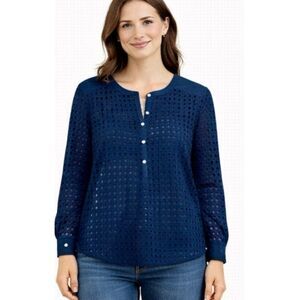 Banana republic navy open woven Henley pullover blouse m